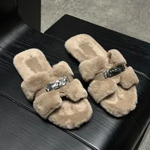 2026 New High-End Women's Fluffy Velvet Cotton Footwear, Small Gold Buckle Comfortable Style Sports Slide Slippers