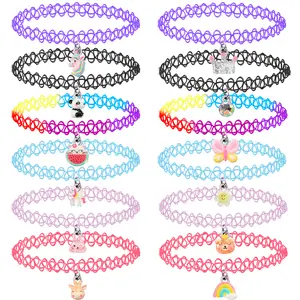 Pinksheep 12Pcs Choker Necklace Set, Pendant Charm Chokers Henna Tattoo Stretch Elastic for Dress up