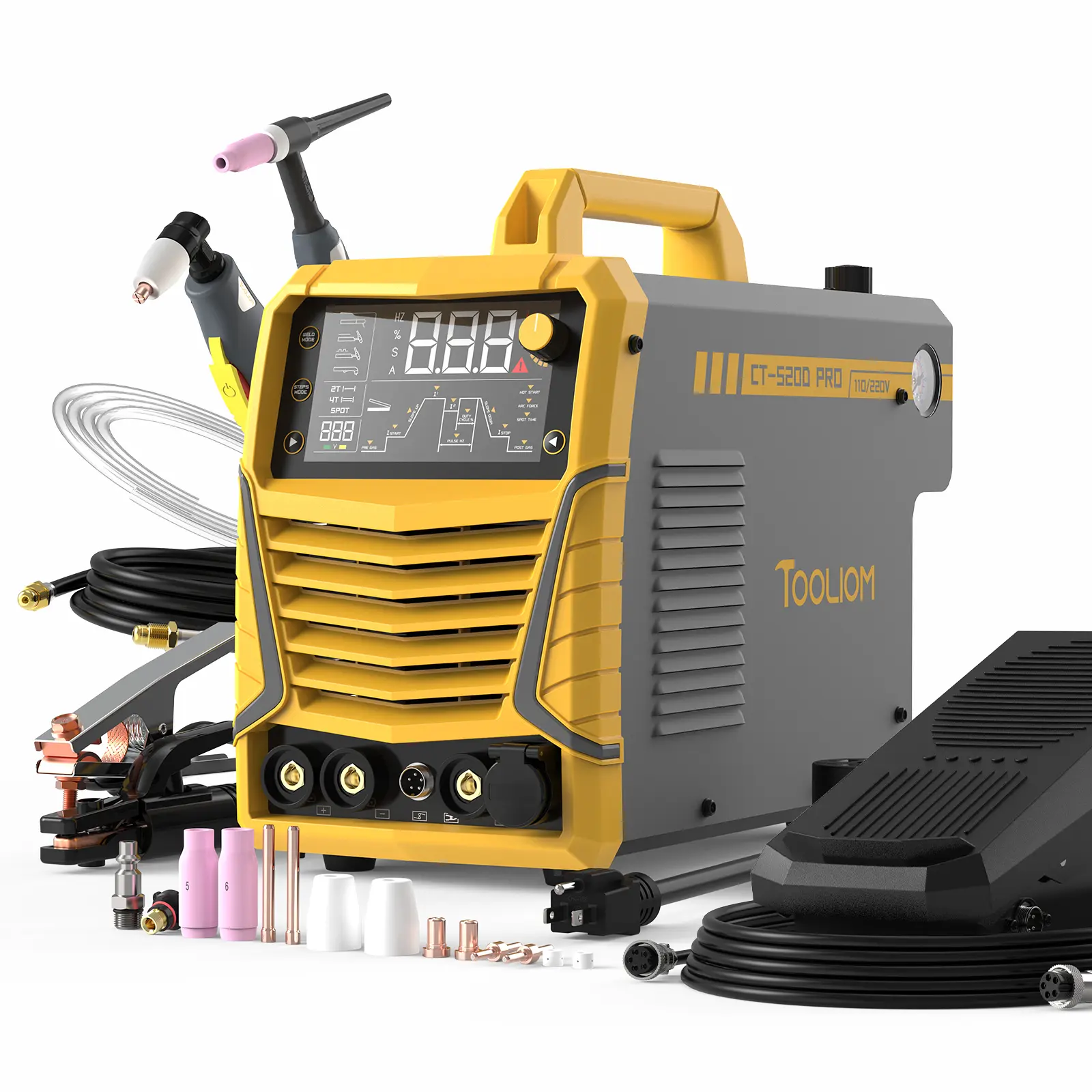 TOOLIOM CT-520D PRO Welding Machine Bundle - 110V/220V 5-in-1 DC TIG Welder & Plasma Cutter Combo, 5-pin Foot Pedal Included for Amp Remote Control