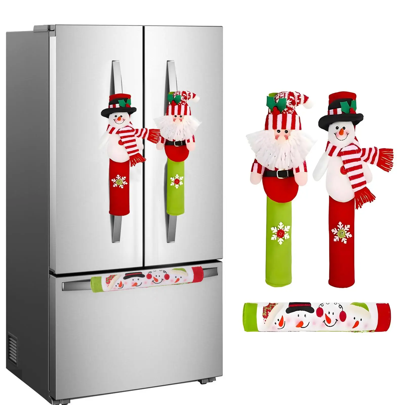 Christmas Fridge Door Handle Covers Set– Snowman & Santa Designs, Soft & Washable Appliance Handle Protectors – Festive Kitchen Appliance Decoration,