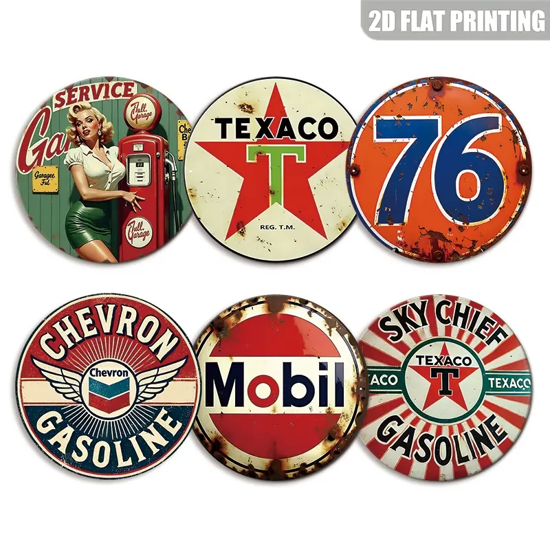 Vintage Metal Gasoline Tin Signs Signage Set, 6pcs Round Wall Art Plaques, Rustic Automotive for Garage & Home, Easy Hang 8x8 Inch, Home Business Decor, Vintage Plaque Decoration, Home Decor Products