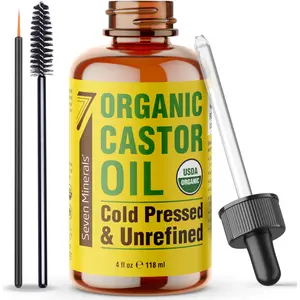 Seven Minerals 4oz Organic Castor Oil for Eyelashes, Eyebrows, Face & Hair Growth - Glass Bottle, Cold Pressed & Hexane Free - 100% Pure - Hydrates & Boosts Natural Hair, Ordinary Lash & Brow Growth