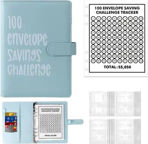 100 Envelope Savings Challenge Binder Budget Planner Cash Stuffing Organizer Wallet A6 PU Leather Money Saving Tracker Binder with Zipper Envelopes for Financial Goals