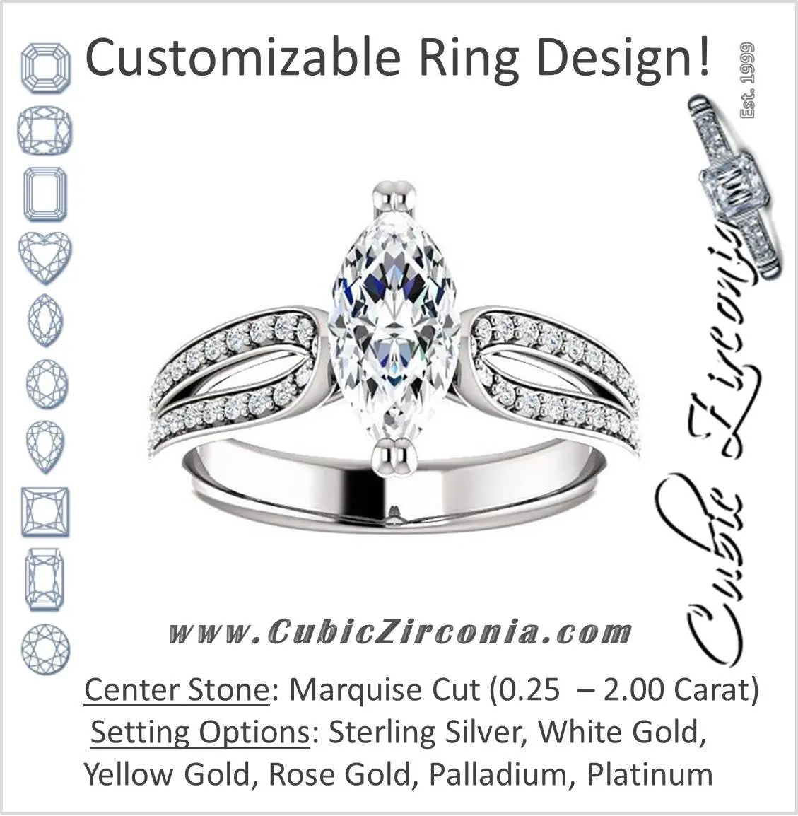 Cubic Zirconia Engagement Ring- The Monet (Customizable Marquise Cut Design with Wide Split-Pavé Band)