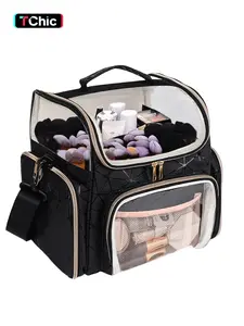 Makeup Brush Case, Large Makeup Brush Holder Professional Makeup Artist Travel Case Cosmetic Organizer Bag, Full Open Easy to Access, Black Makeup Case, Make Up Organizers and Storage with Adjustable Strap and Dividers&Strap, Travel Cosmetic Bags