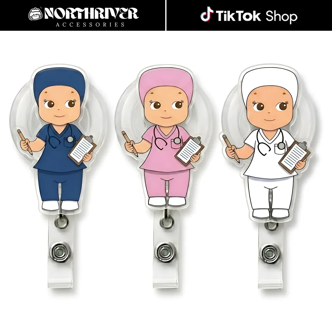 Cute Chibi Nurse Assistant Scrubs Badge Reel Retractable Set Kawaii Clipboard Charting Acrylic ID Card Holder For Hospital Clinical Workers Gift