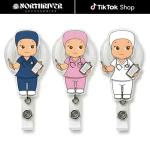 Cute Chibi Nurse Assistant Scrubs Badge Reel Retractable Set Kawaii Clipboard Charting Acrylic ID Card Holder For Hospital Clinical Workers Gift