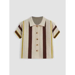 Cider [2 colors, size 0-26] Knit Polo Striped Hollow Out Short Sleeve Top