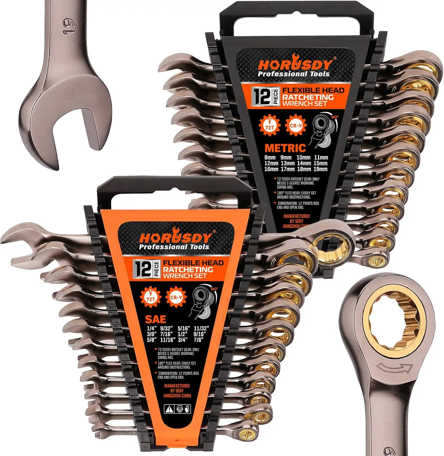 HORUSDY Ratcheting Wrench Set (12pc or 24pc) – 72-Tooth Chrome Vanadium Steel, 5° Quick Turns, High Leverage Longer Lever, 12+12 Size Range (Metric 8-19mm/SAE 1/4"-7/8"), Organizer Rack, Tools for Mechanics