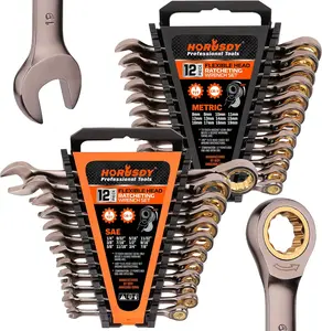 HORUSDY Ratcheting Wrench Set, 12pc or 24pc, Metric & SAE, 72-Tooth, Chrome Vanadium Steel, 8-19mm & 1/4” to 7/8” with Organizer