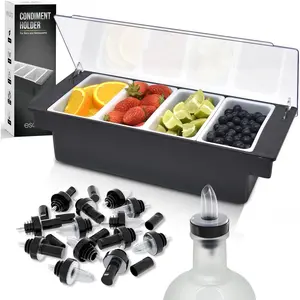 Bar Products condiment holder serving container, chilled garnish tray with lid for bar caddy, 4 1‑pint inserts, includes 12 liquor bottle pourers and 12 pourer covers — black
