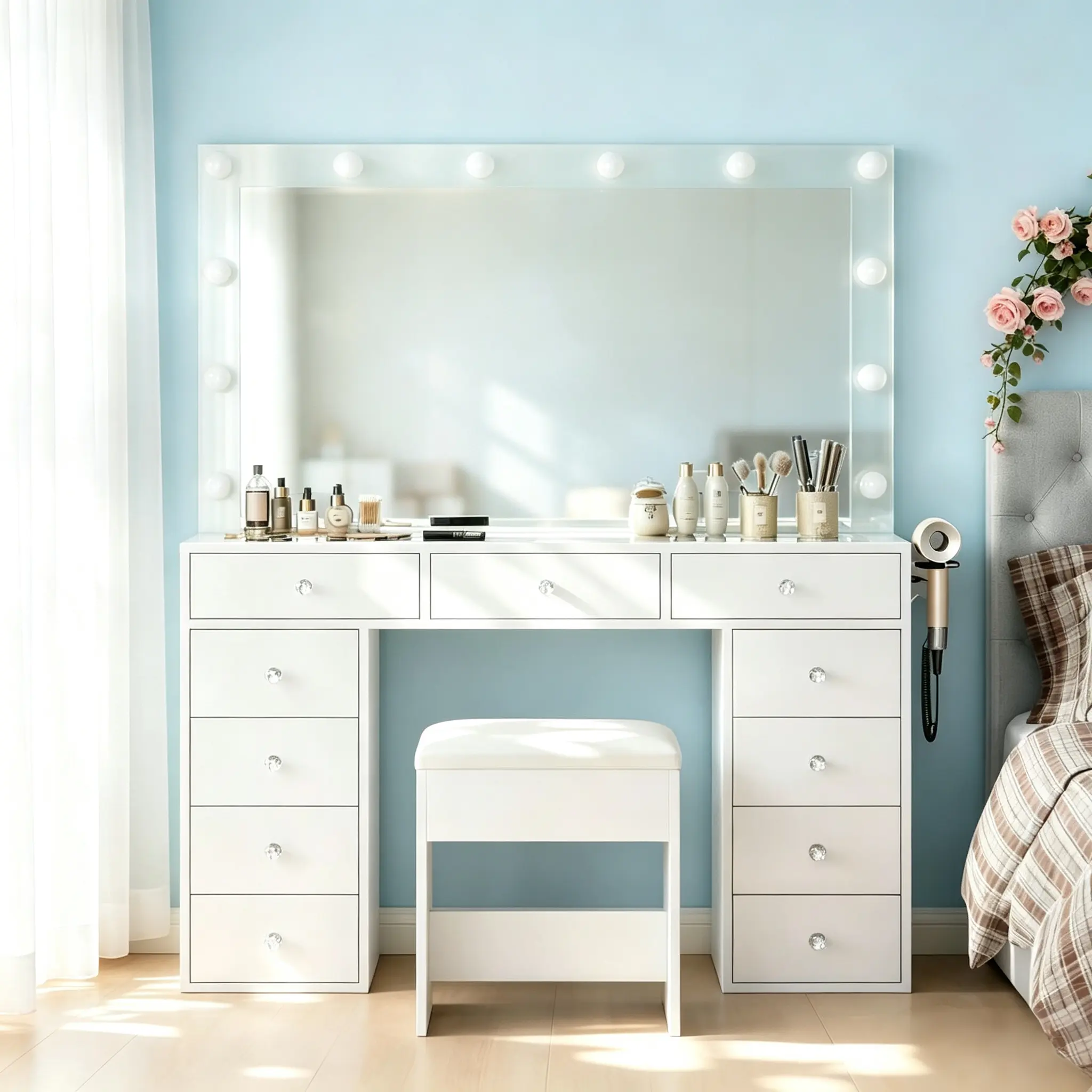 CollaredEagle Vanity Desk with Tempered Glass Topwith & Power Outlet, 11 Drawers Vanity Table with 3 RGB Drawers & Chair, Makeup Vanity with 12 LED Lights, Dressing Table for Bedroom,Dressing Room,dorm essentials,home decor