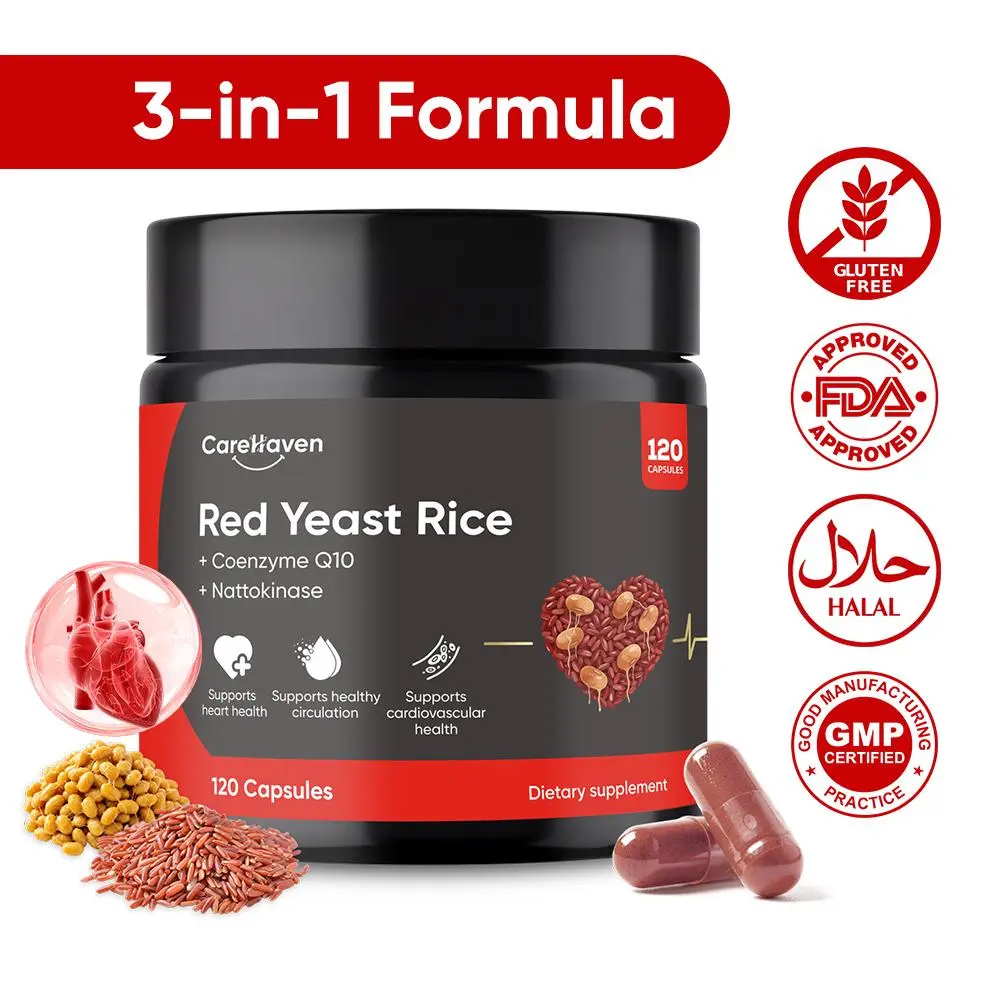 CareHaven Red Yeast Rice Natural Supplements with Nattokinase & CoQ10 - 120 Citrinin-Free Capsules, Heart Health Herbal Supplements for Cholesterol, Fitness Support