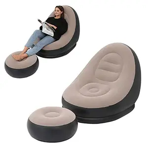 Inflatable Lounge Chair for Adults, Folding Portable Lazy Sofa with Foot Stool Lazy Flocking Recliner Chair Air Couch Sofa for Indoor Outdoor Travel Camping（No Pump）