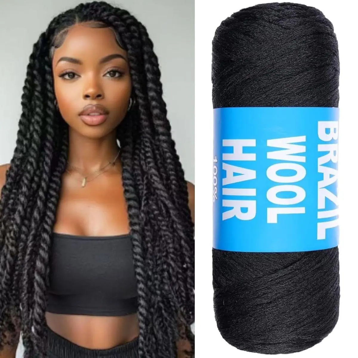Brazilian Wool Hair Yarn for Braids Brazilian Wool Hair Acrylic Yarn for Soft Faux Locs Goddess Locs Hair Extension Senegalese Twist Crochet Hair for Black Women(1 Roll, Natural Black)
