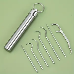 7/piece set Stainless Steel Toothpicks Pocket Set, Portable Floss Pick Reusable Metal Toothpicks Tooth Cleaning Kit With Keychain Holder For Outdoor Picnic Camping Traveling