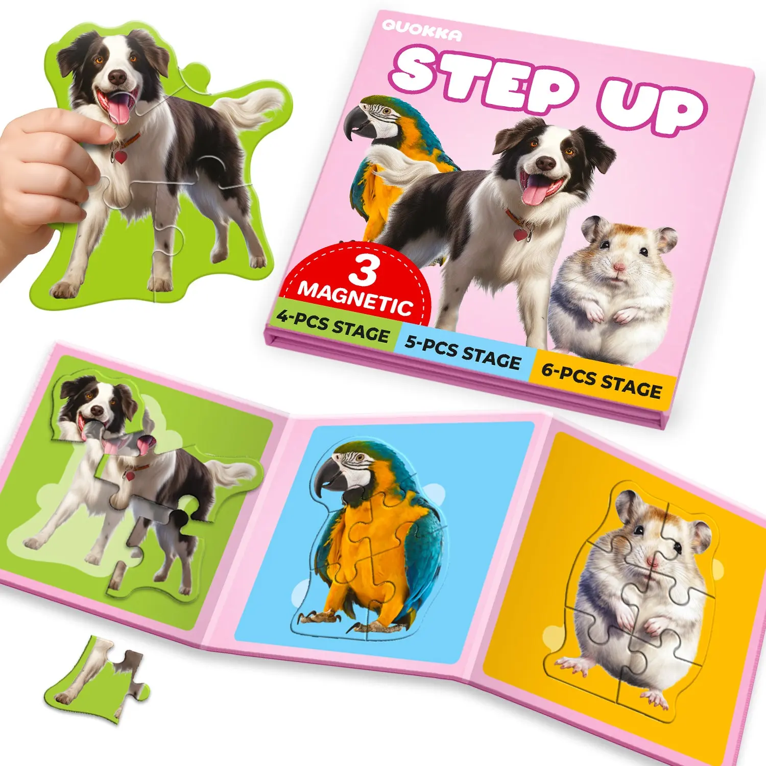 QUOKKA Magnetic Step-Up Animal Puzzle Book - Intermediate Rectangular Quiet Play Toy (3-4 Years), 5.9x17.7in Travel Puzzle Set, Boosts Children Development, Confidence & Early Problem-Solving Skills Animal Shape Puzzle Toddler Puzzles