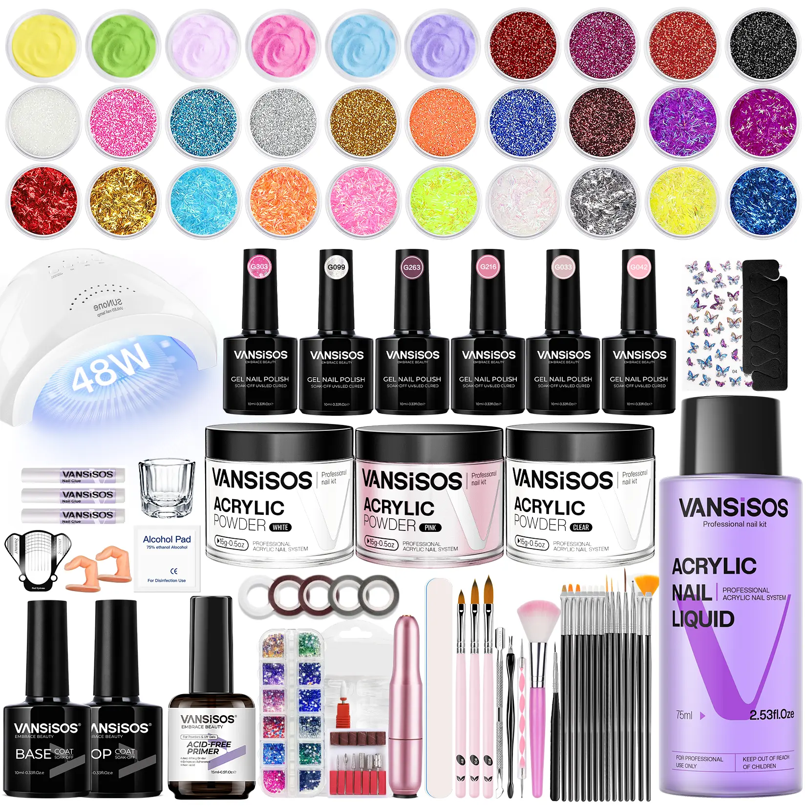 VANSISOS Acrylic Nail Kit with : Complete Beginner-Friendly Professional Set with Charms & Full Supplies