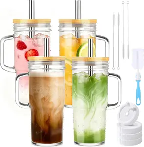 Glass Cups with Bamboo Lids and Straws,24oz Glass Tumbler with Handles,4-Pack Mason Jar with Lids and Straw Wide Mouth, Reusable Smoothies Cups, Iced Coffee Cups, Drinking Jars Travel Mugs