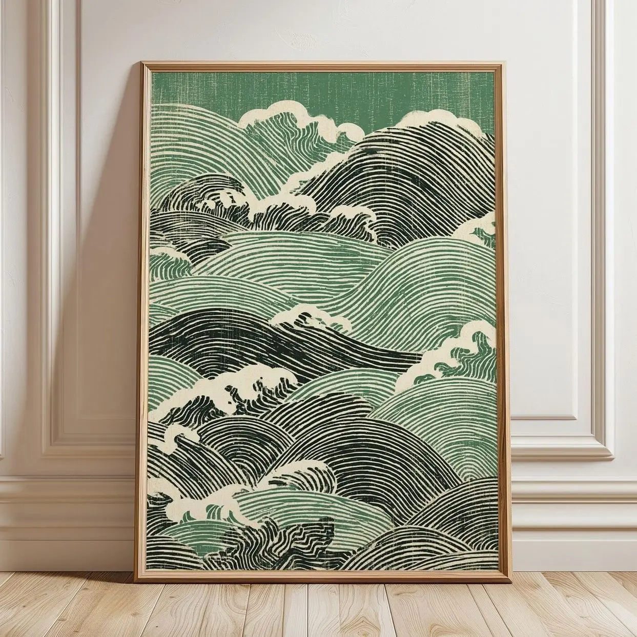 Japanese Green Waves Wall Art Hokusai Inspired Ocean Poster Zen Decor Print S