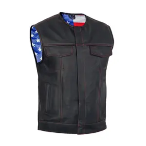 DANIEL SMART Stitchon™ Men's Motorcycle Protective Leather Vest - 1.2-1.3mm Diamond Soft Milled Cowhide, Collarless, Red Stitching, Multiple Pockets, American Flag Lining