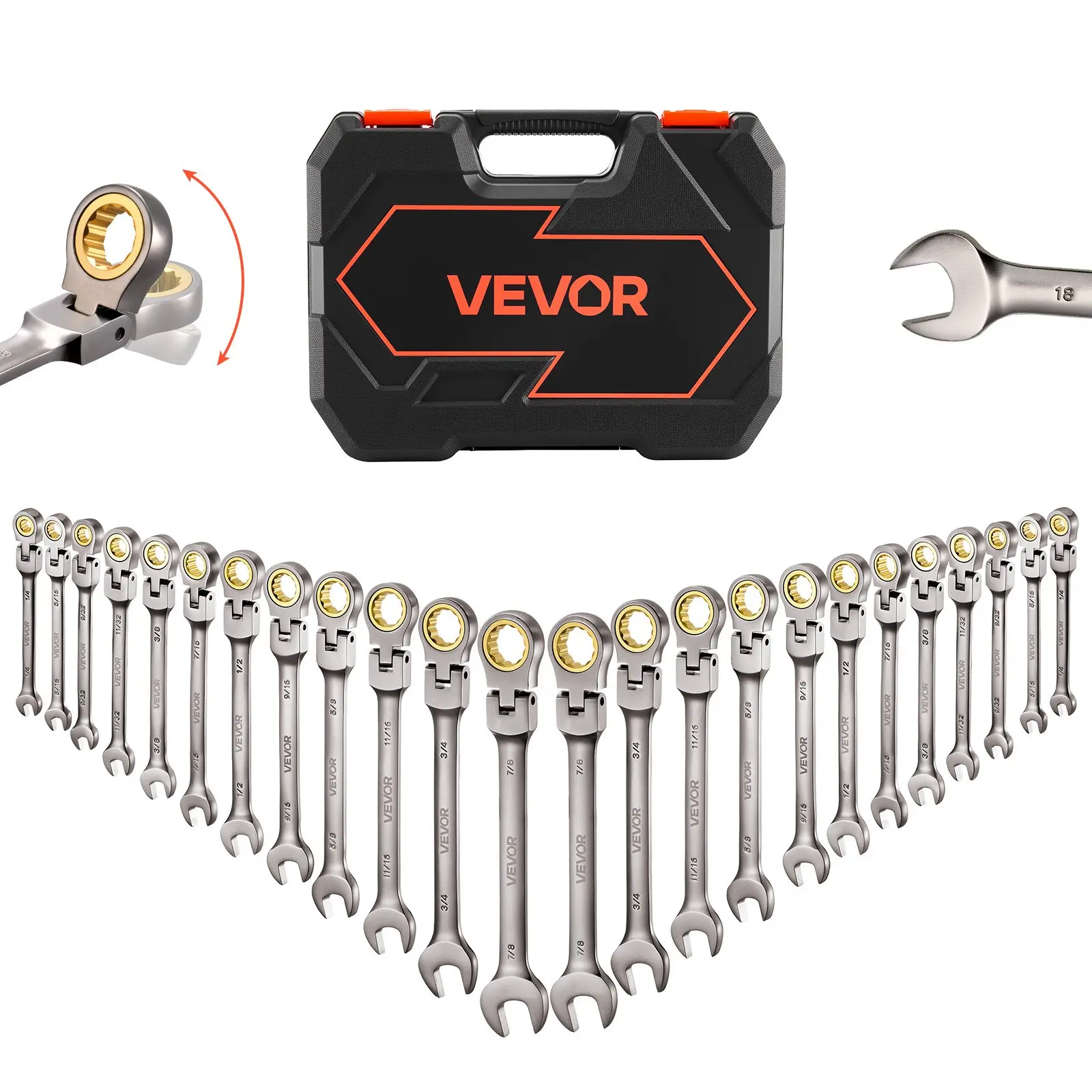 【DealsForYouDays】VEVOR 24-Piece SAE/Metric Flex-Head Ratcheting Wrench Set - 72-Teeth Cr-V Steel Wrench Tool, Swing Ratchet, Multifunctional Set with Storage Case, Gray Nickel Finish for Auto Repair, Household Mechanics, Built for Long-Lasting Daily Use