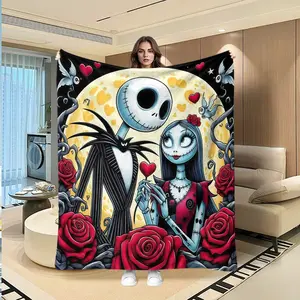 Jack Sally Heart Rose Dark Creative Digital Print Flannel Blanket, Thanksgiving Valentine Christmas Gift, Holiday Decorative Throw
