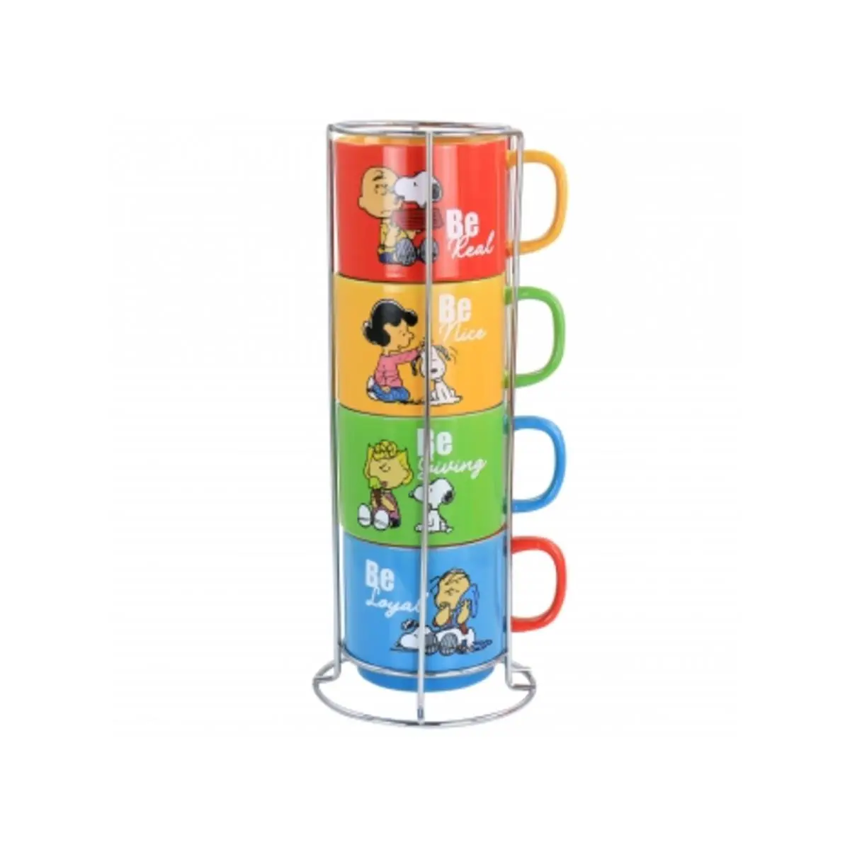Gibson Peanuts Classic Gentle Reminders 4-Piece Assorted Stackable Mug Set with Metal Stand, Reuse-Friendly Colorful Washable Coffee Mugs, Coffee Station Collectibles, Adult Collectibles & Funny Gifts, Four Mugs