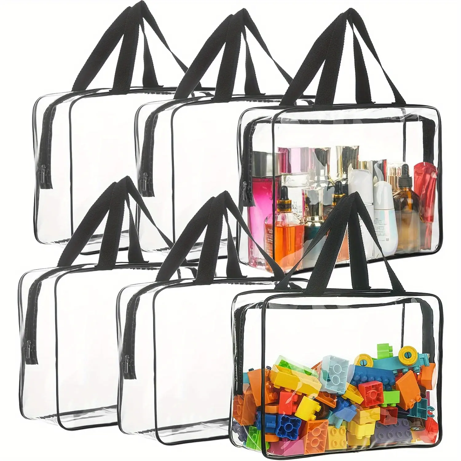6 Pack Large Transparent Thickened PVC Waterproof Toy Storage Bags with Zipper, Handle, Multifunctional Storage Solution, Durable Organizer for Building Blocks, Puzzles, Durable Storage Organizer
