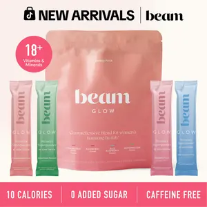 Beam Glow Women's Daily Superblend 4-Flavor Variety Pack, 30 single-serve packets per bag - Strawberry Kiwi (7), Raspberry (7), Blue Raspberry (8), Watermelon (8); Support Stronger Hair, Nails & Skin, Metabolism, Immunity and Hormone Balance