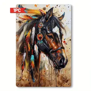 1pc Vintage Native American Horse Iron Wall Art - Rustic Metal Decor with Colorful Beadwork and Patterns, 2D Print, Ideal for Home & Office, Perfect for Bedroom, Living Room, Kitchen, 8x12in, Western Home Decor, Perfect for Room Decor Ornaments Decoration