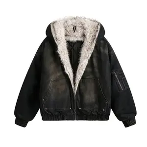 Men's American street washed denim padded cotton jacket, winter fleece - lined outerwear, men's wasteland - style cotton coat Patchwork Hooded  men leatherjacket couple sweatshirt