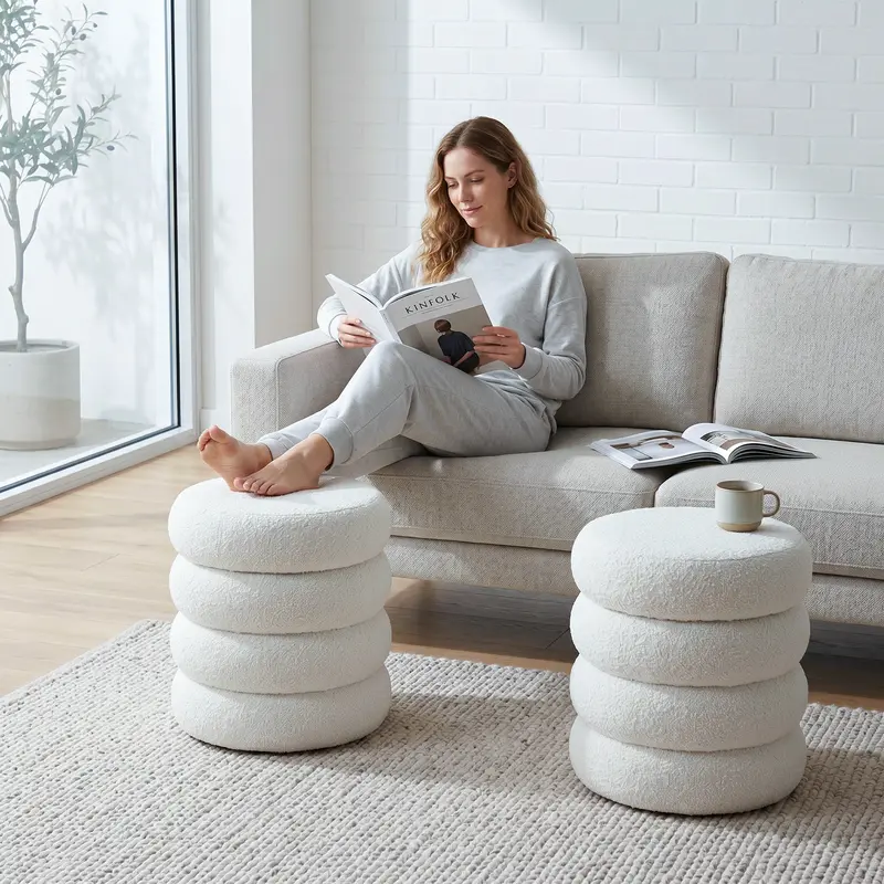 MURAGO Round Boucle Modern Multifunctional Stool - Backless, Armless, Soft Upholstered Cushioned Seat, Tiered Hidden Storage, 1-Person Indoor Furniture, Fully Assembled Storage Ottoman for Living Room
