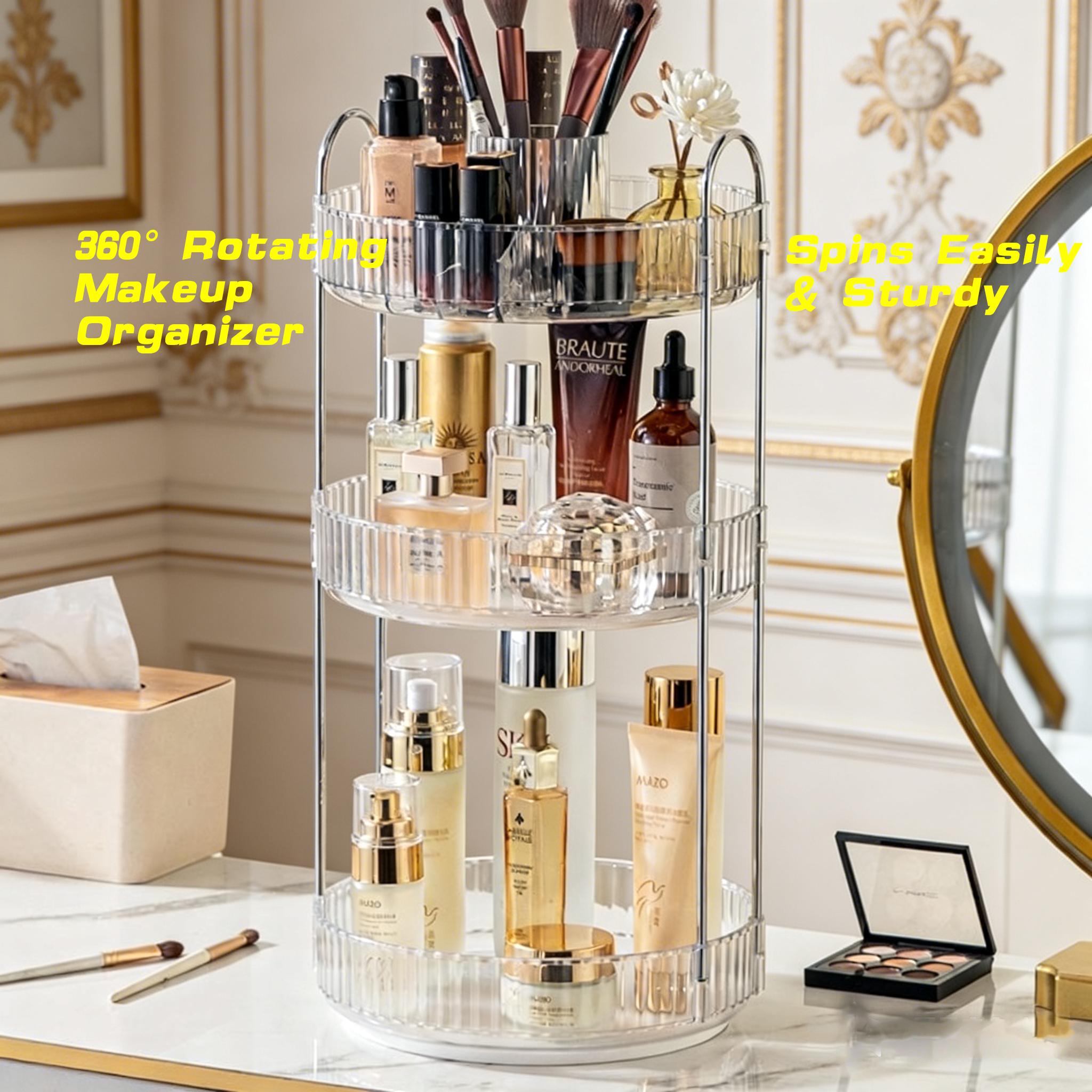 Rotating Makeup Organizer 360° Spins Easily & Sturdy 3-Tier Storage for Cosmetics and Skincare with High-Transparency PET Shelves and Powder-Coated Steel Frame