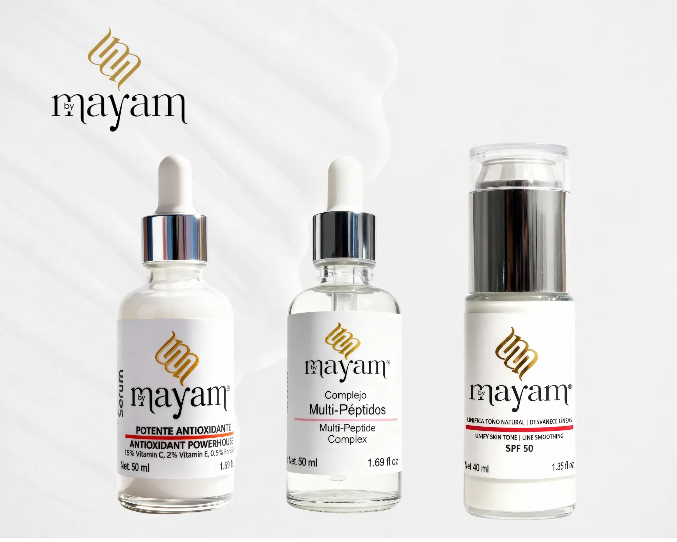 Mayam  Beauty Timeless Skin Set Skincare Products -Anti-Wrinkle Firming - Feruglow Anti Dark Spot Serum(Orange), Multi-Peptide Complex(Pink), & LumiGlow Day Cream SPF 50( Red) for Radiant Skin