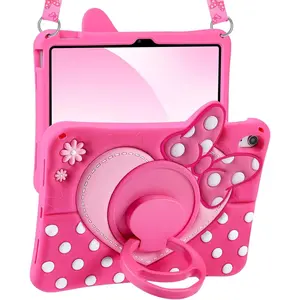 for iPad A16 Case 11th Generation 11 Inch 2025/for iPad 10th Generation Case 2022 10.9 Inch - Cute Cartoon Soft 3D Silicone Bow Tie Heart Cover with Strap & Rotating Stand for Girls Girly