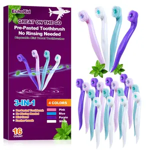 3-In-1 Toothbrush Set, Toothbrush Kit, 16 Disposable Mini Travel Brushes, Soft Bristles, Ready-To-Use Oral Care Tools, Oral Hygiene Essentials, No Rinse Mint Fresh Breath, 4 Colors