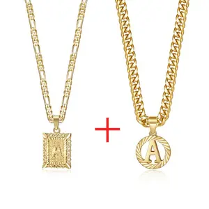 KissYan Jewelry Initial Pendant Necklace  for Men Womens, 14K Gold Plated Square Letter & Round Letter Capital Necklace Alphabets from A-Z Figaro Chain Necklace Mothers Day Gift Ideas,summerwins