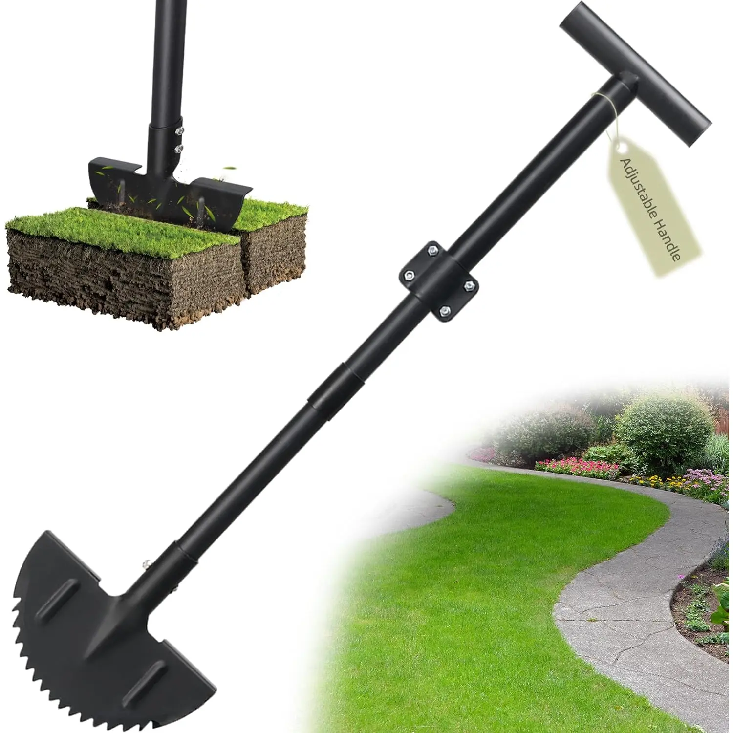 WrenchWizard Half Moon Edger Lawn Tool - Heavy-Duty Saw Tooth Manual Edger with Sharp Blade, Wide Footplate, 38"-49" Adjustable T-Grip Handle, Durable Gardening Tools for Landscaping, Sidewalks (Black)