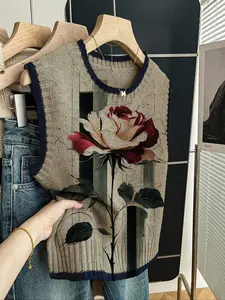 Elegant Chic Casual Spring Summer Knit Top Vests, Loose Round Neck Sleeveless, Deep Blue Color Block, 3D Rose Floral Print, Womenswear, Women's Fall