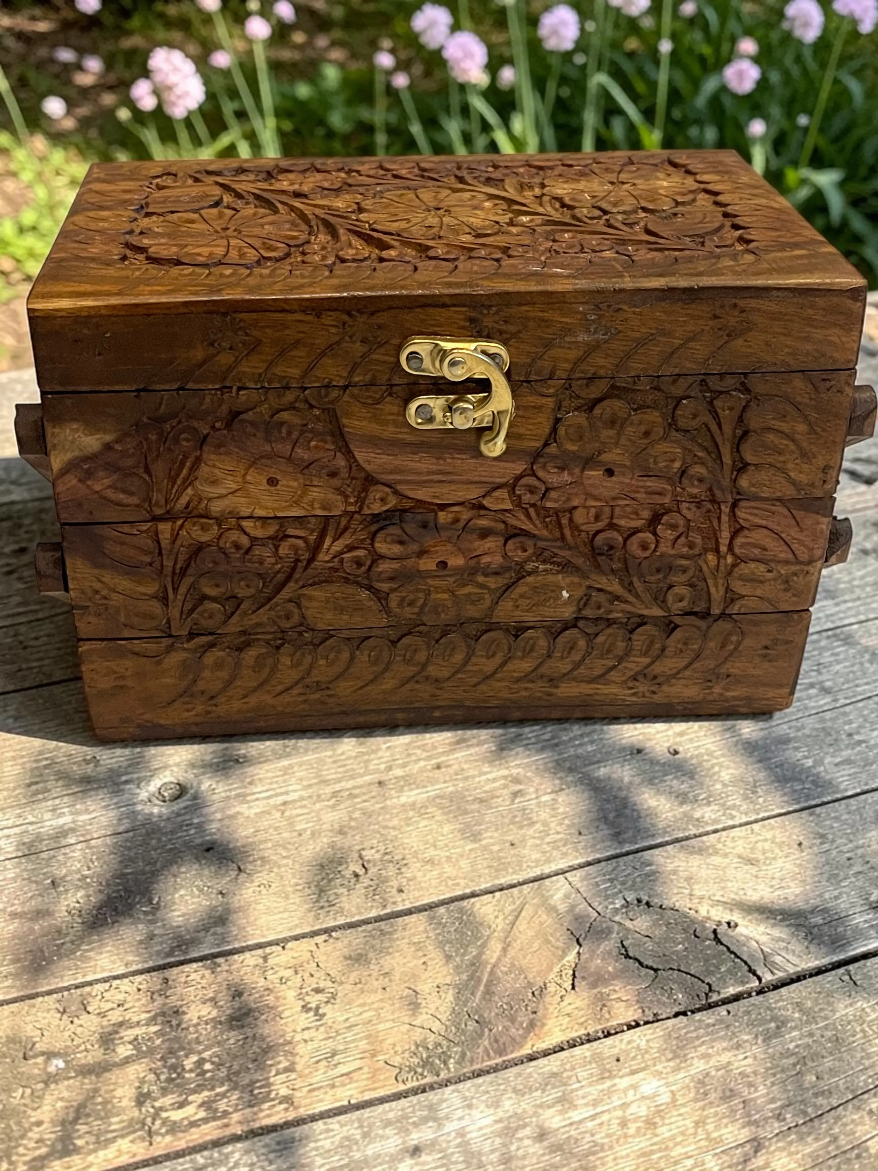 Handmade Carved Wooden Jewelry Box, 3 Layer Velvet Lined Keepsake Organizer
