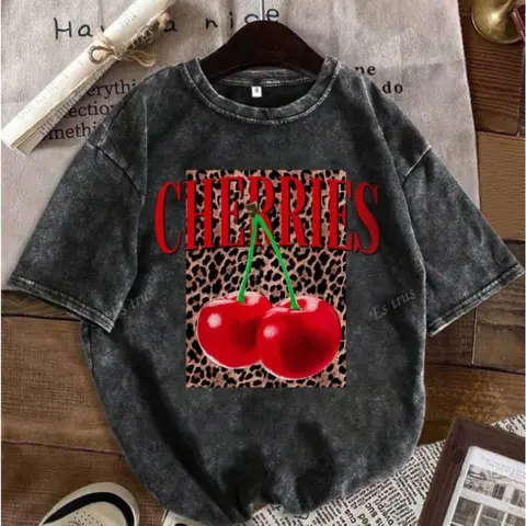 Plus Size Summer Women's Fun Print Hip-Hop "Leopard Cherry Letters" Personalized Pattern Print Street , Korean Style Y2k Clothing Women's Clothing, Round Neck Short-Sleeved Washed T-Shirt