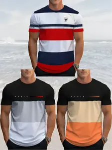 Printed Design  Not Textured 3pcs Men's Fashion Streetwear Striped Patchwork T-Shirts - Casual Round Neck Short Sleeve Tops, Suitable for Outdoor, Hiking, Fishing, Vacation - Knitted,Heat Transfer Print - Size H, for Adults and Teens, Menswear