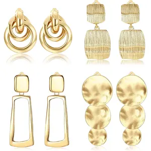 CASSIECA 4-Pair Women's Non-Piercing Clip-On Earrings, Geometric Metal Dangle Statement Earrings with Rectangle, Tassel, Teardrop, Square Drop Pendants, Earring For Women