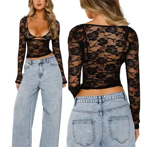 2PCS Women Floral Lace Tops Low Cut Sheer Long Sleeve Pullovers Fitted Crop Shirt with Bra Summer Streetwear Clubwear，Spicy girl style，black girls