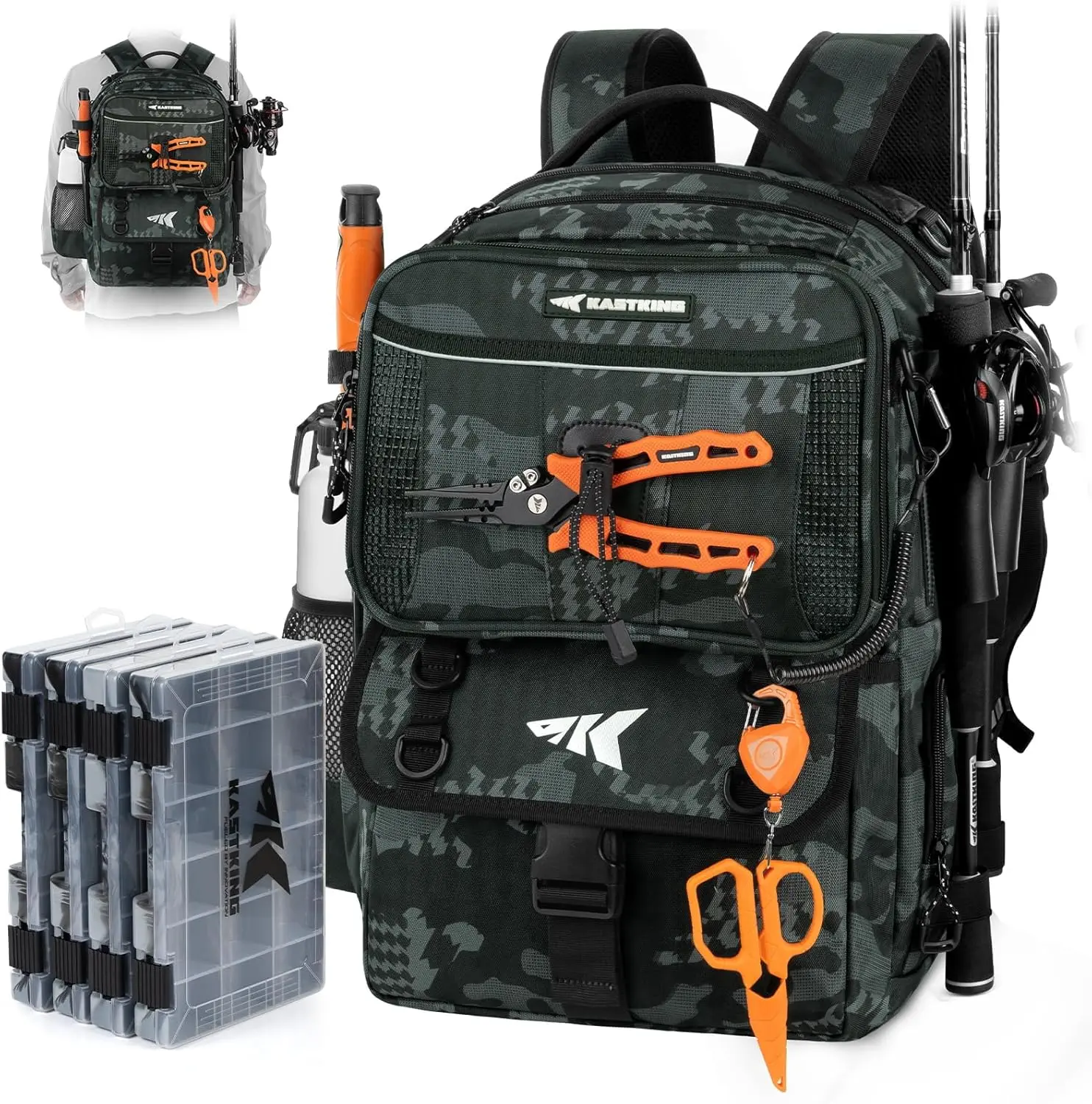 KastKing BaitSpace 50L Fishing Tackle Backpack with Removable Bait Binder & 4 Tackle Boxes Rod Holders Storage Gear Camo Design SummerVibes Summer Survivals ,dealsforyoudays