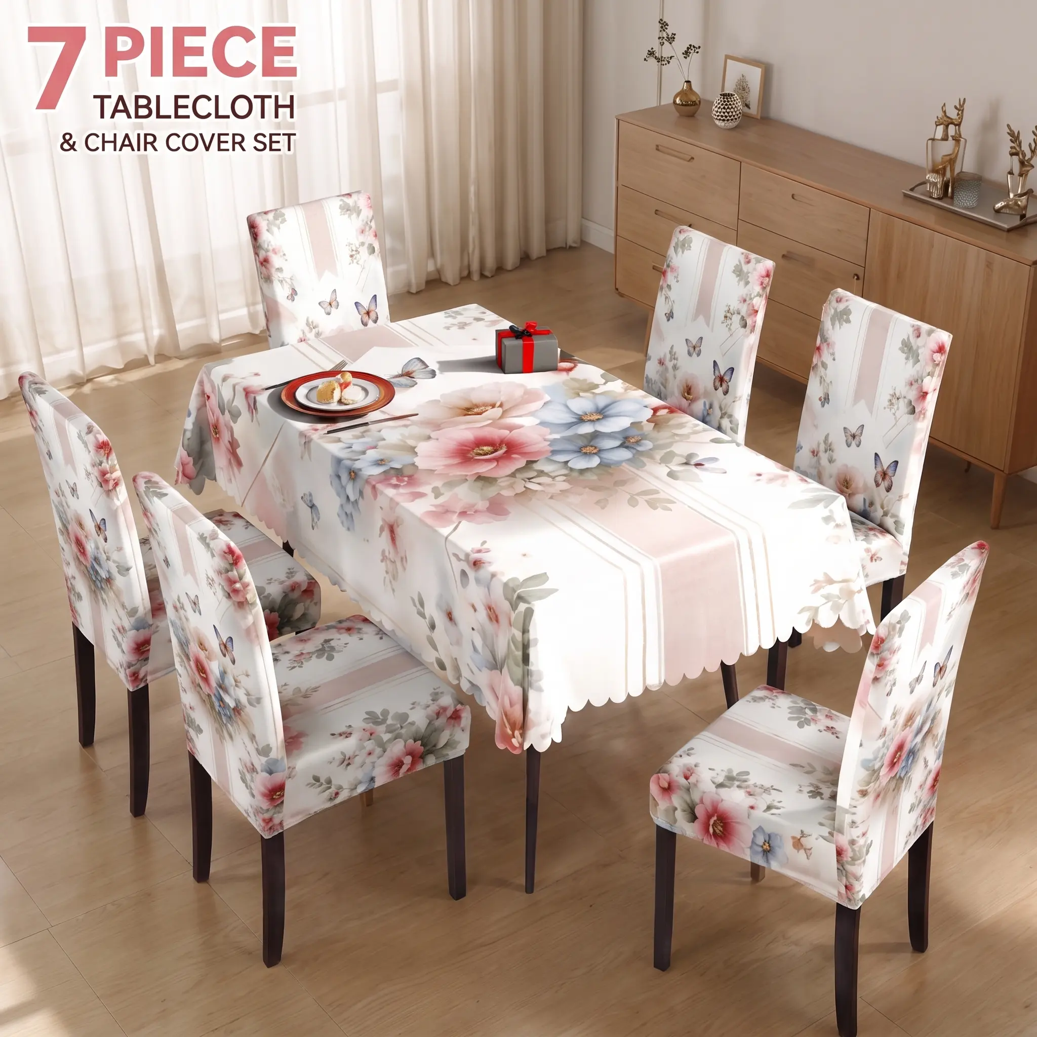 7-Pieces Black Gold/White Flower Dining Table Set Cover, 1 Tablecloth + 6 Stretch Chair Covers, Elastic Washable Table Protector Set, Waterproof Dustproof Dining Room Decor for Kitchen, Family Dinner, Party & Holiday Decoration