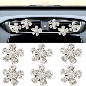 6 count Bling Daisy Flower  Air Vent Clip,  Rhinestone  Air Vent Outlet Clip, Cute Auto Air Conditioning Clip Charm Interior Decor Accessories for Women Girls()