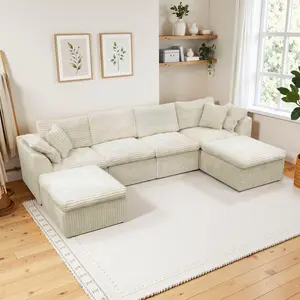 QIMENG Boneless U-Shaped Modular Sectional Couch for Living Room - Deep Seat Cloud Sofa with Ottoman, Pillows, Corduroy or Velvet Upholstery, Memory Foam - Family-Focused Indoor Furniture (White, Cream, Beige)