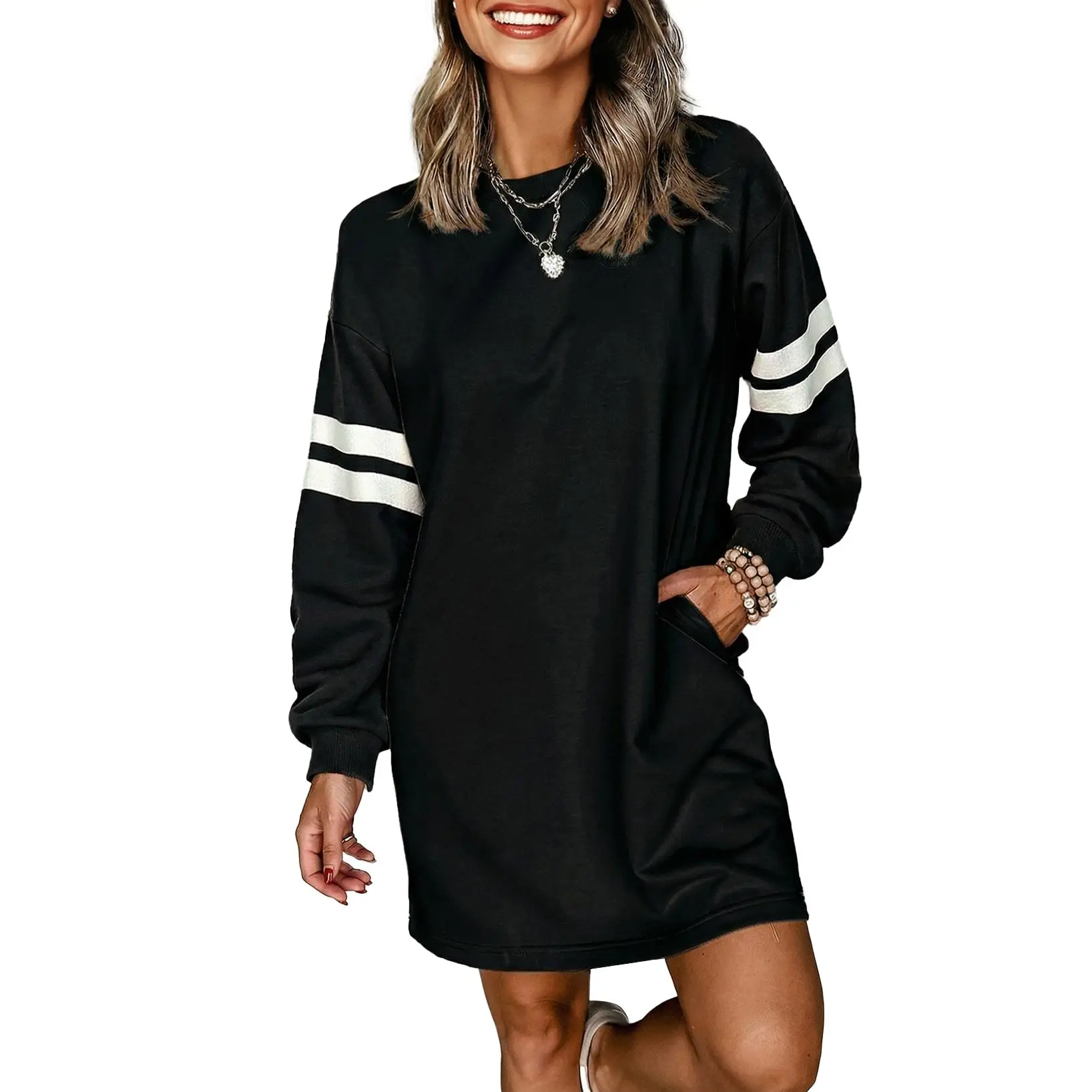 EVALESS Women's Striped Knit Crew Neck Long Sleeve Sweatshirt Dress - High-Stretch Cotton Blend Casual Loose-Fit Mini Pullover with Built-in Side Patch Pockets, Sporty Style, Cold Wash, Coffee Dates
